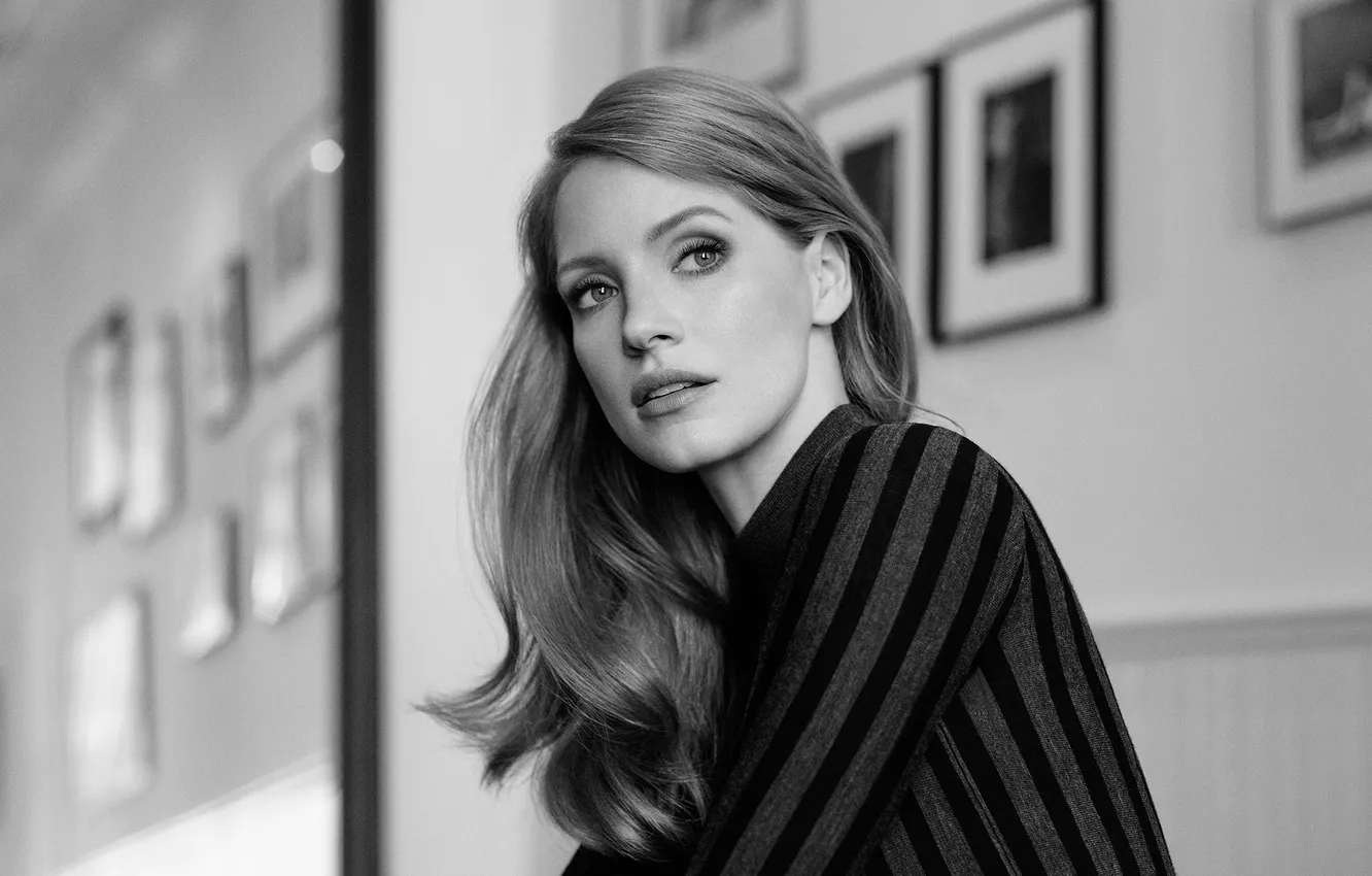Photo wallpaper makeup, actress, hairstyle, black and white, photoshoot, Jessica Chastain, Jessica Chastain, InStyle