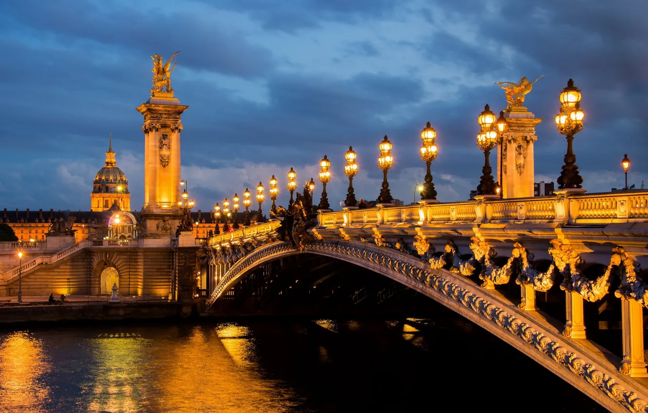 Photo wallpaper lights, reflection, France, Paris, the evening, Hay, twilight, the bridge of Alexander III