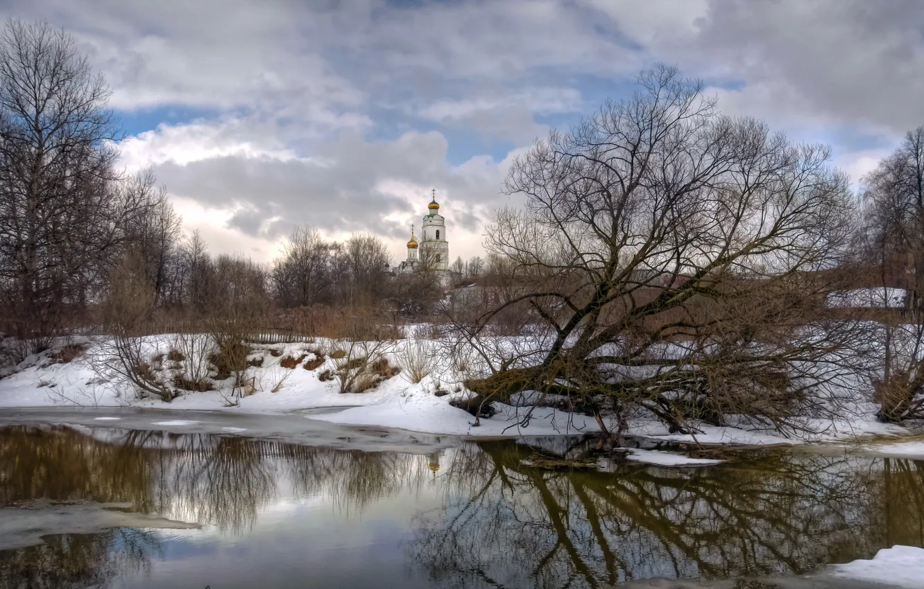 Photo wallpaper winter, landscape, river, temple