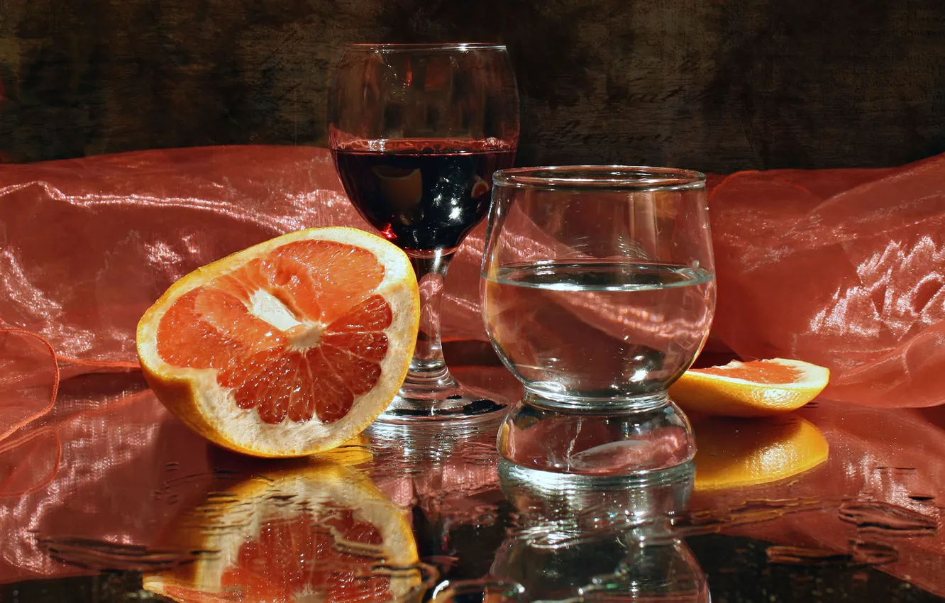 Photo wallpaper reflection, wine, glass, orange, silk, still life