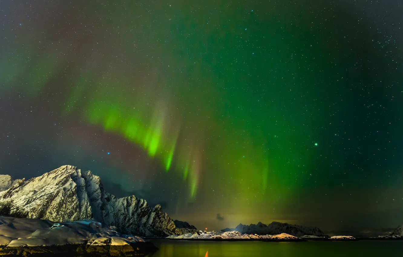 Photo wallpaper the sky, stars, landscape, mountains, lake, Northern lights