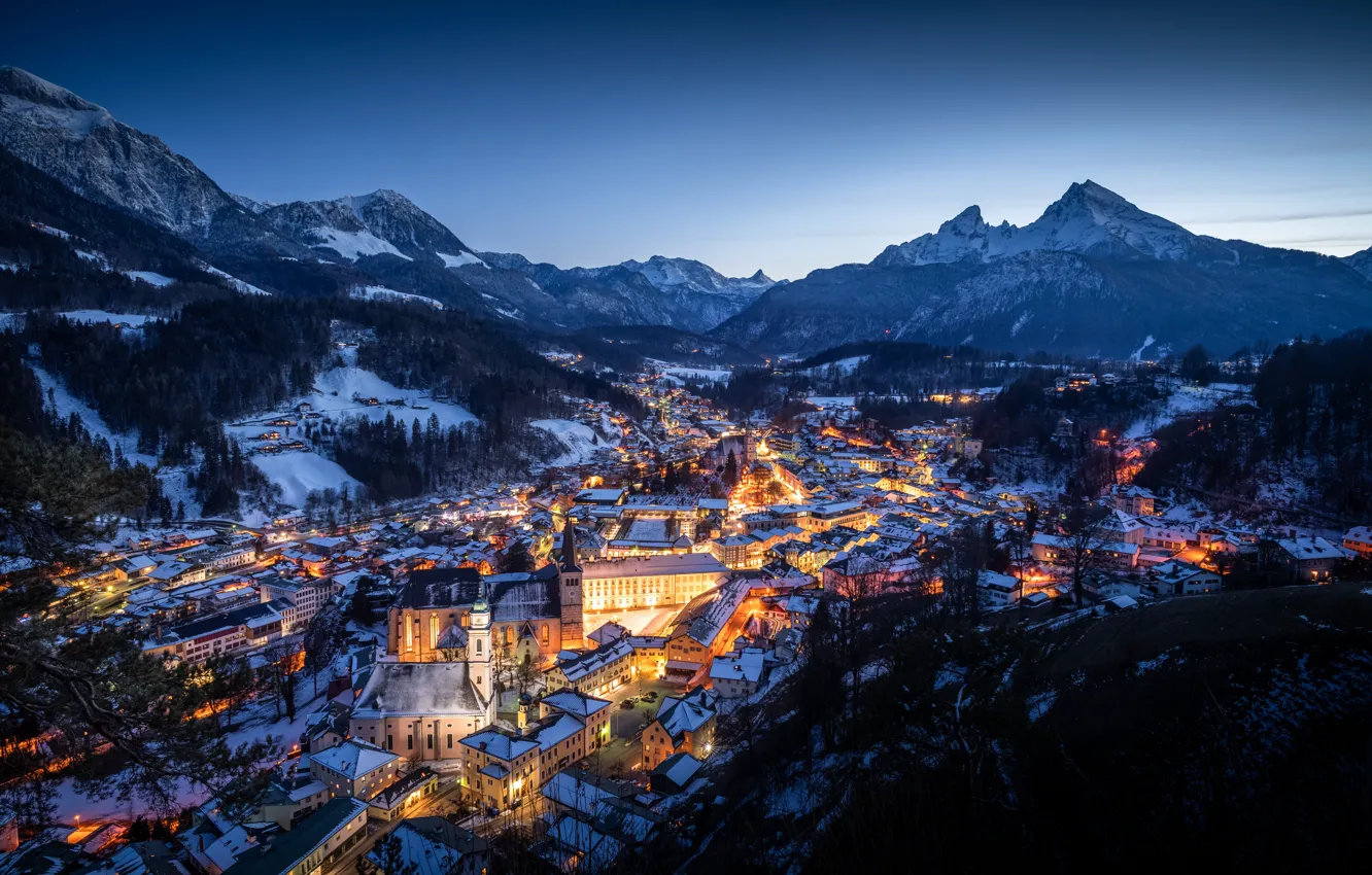 Photo wallpaper winter, mountains, building, home, Germany, valley, Bayern, Alps