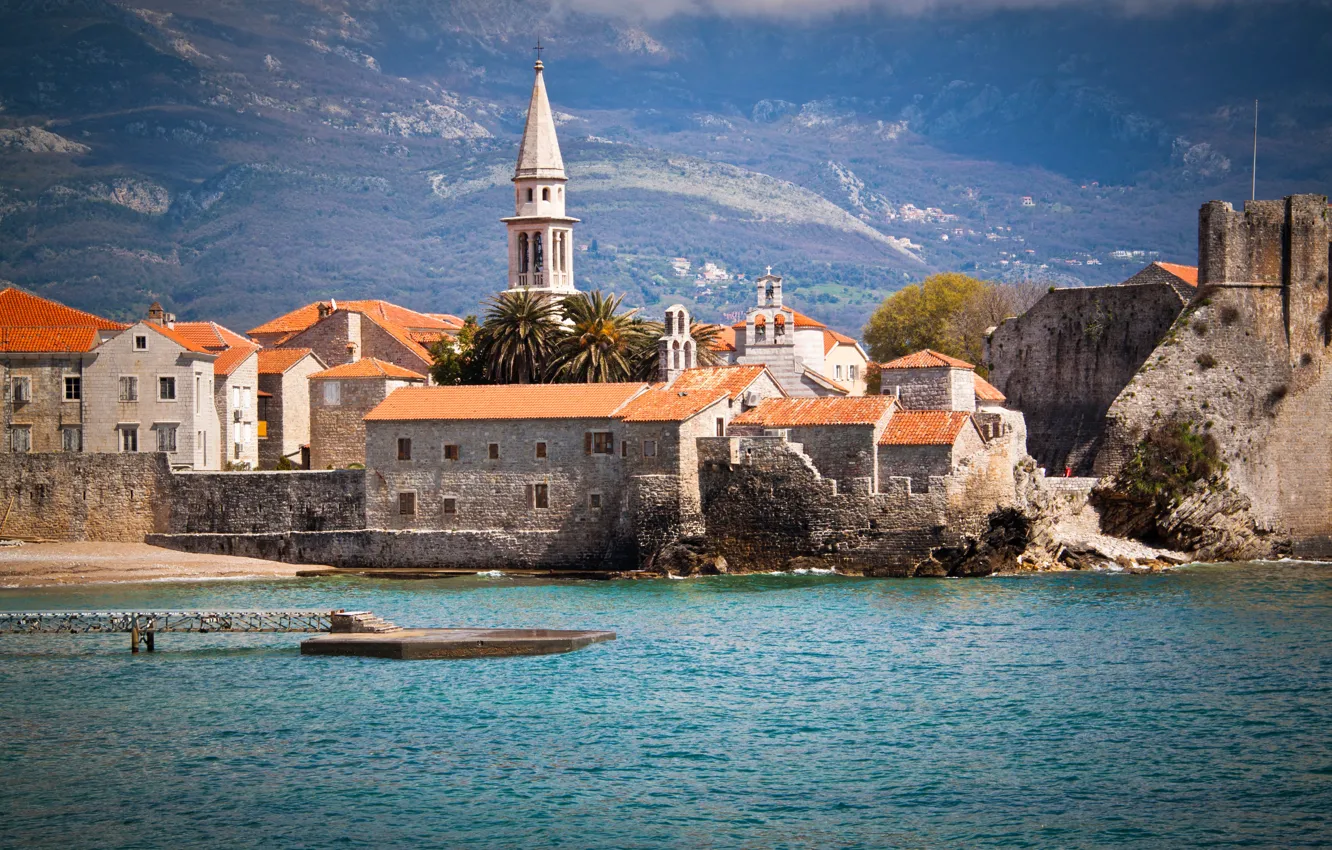 Photo wallpaper sea, landscape, mountains, shore, home, pier, Montenegro, Budva