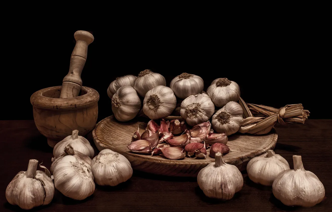 Photo wallpaper still life, pistil, garlic, mortar