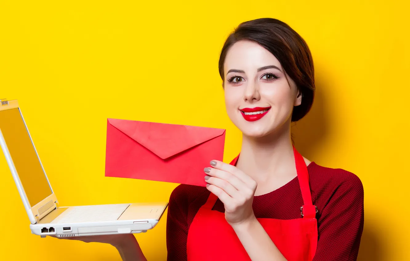 Photo wallpaper look, girl, yellow, pose, smile, background, hands, makeup