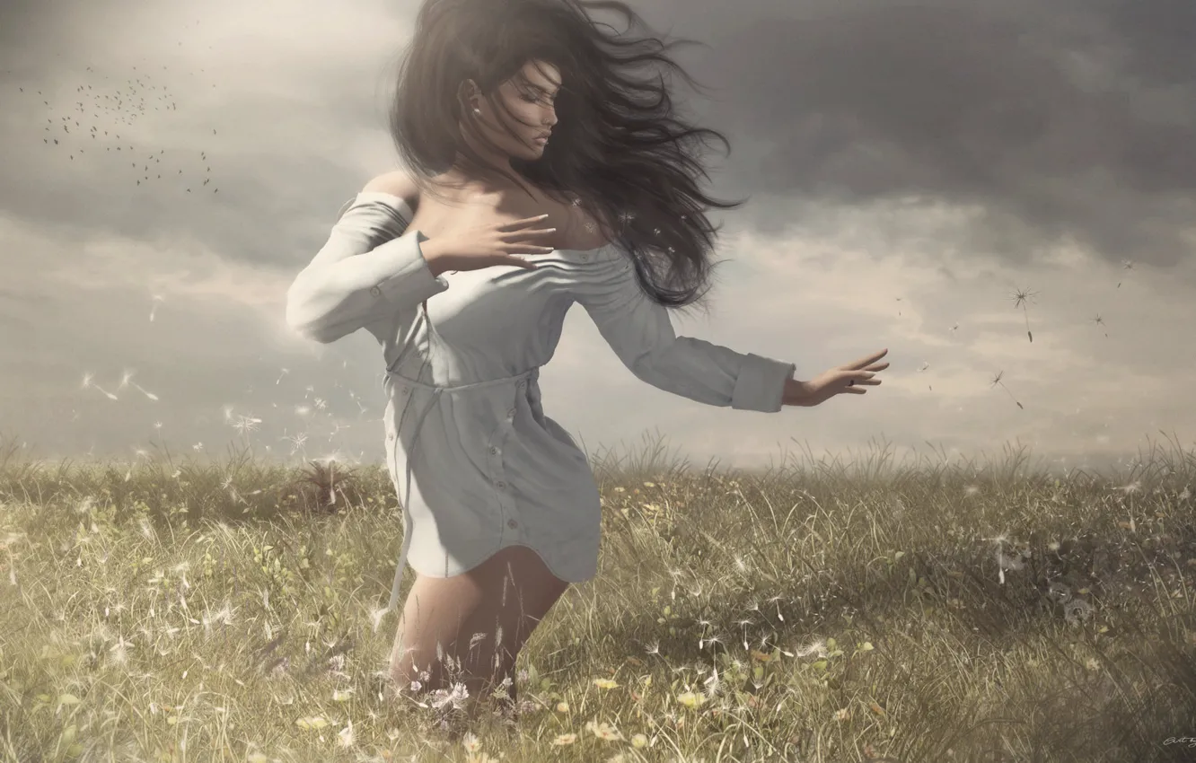 Photo wallpaper field, girl, the wind, hair