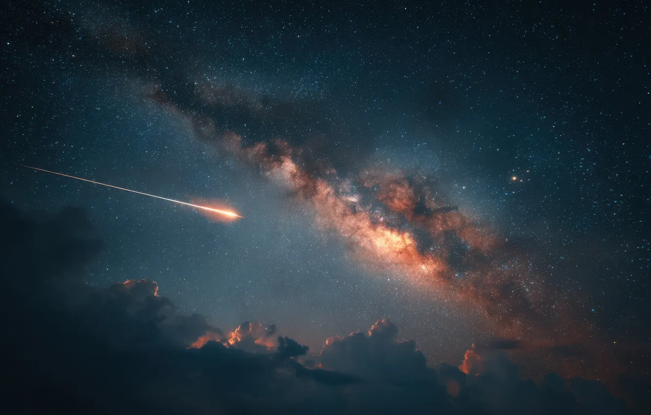 Photo wallpaper the sky, space, clouds, night, comet, the milky way, meteorites, AI art