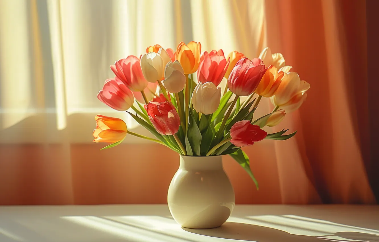 Photo wallpaper flowers, holiday, bouquet, spring, tulips, March 8, AI art, neural network