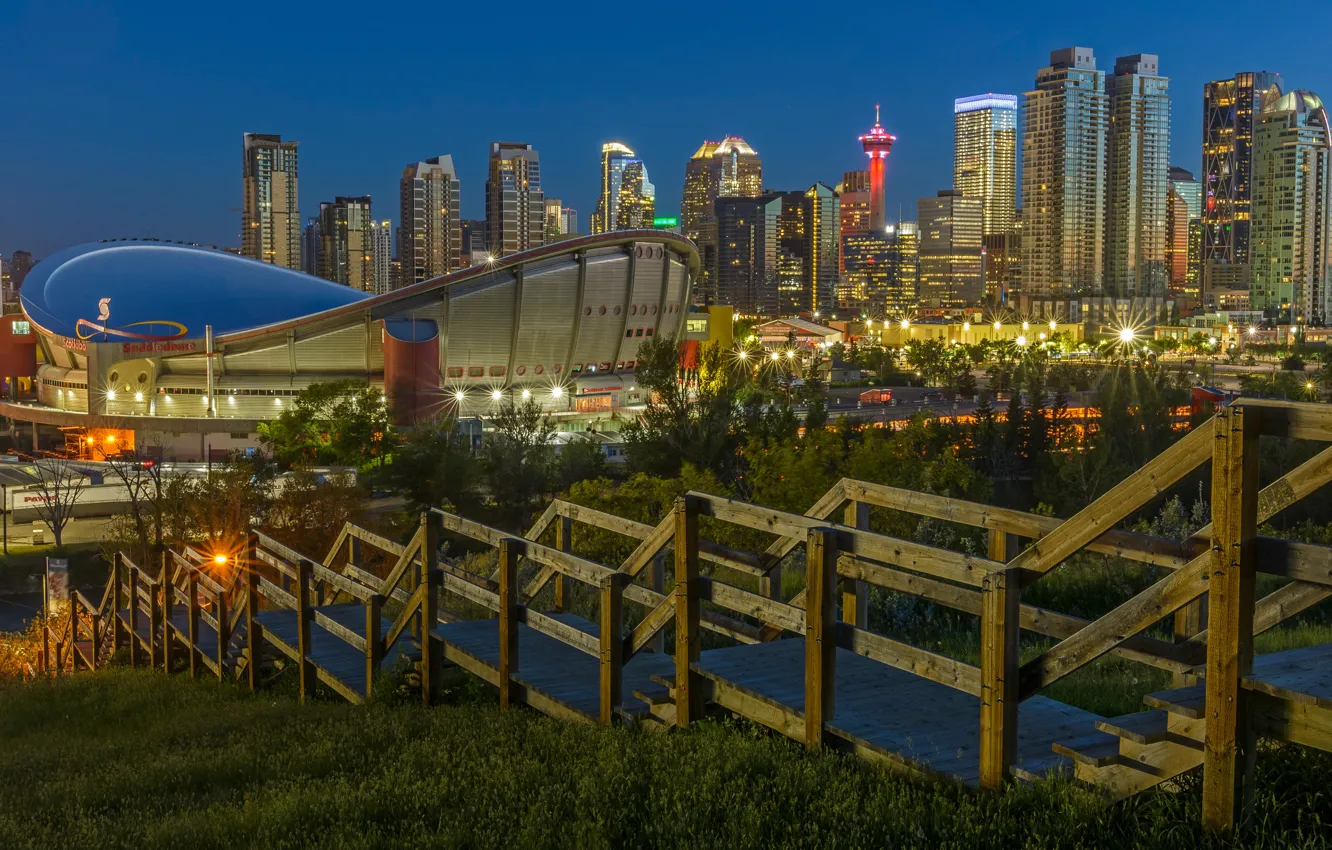 Photo wallpaper the city, lights, the descent, building, the evening, the fence, Canada, ladder