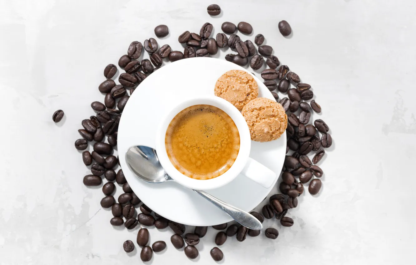 Photo wallpaper coffee, grain, cookies, Cup, foam, espresso