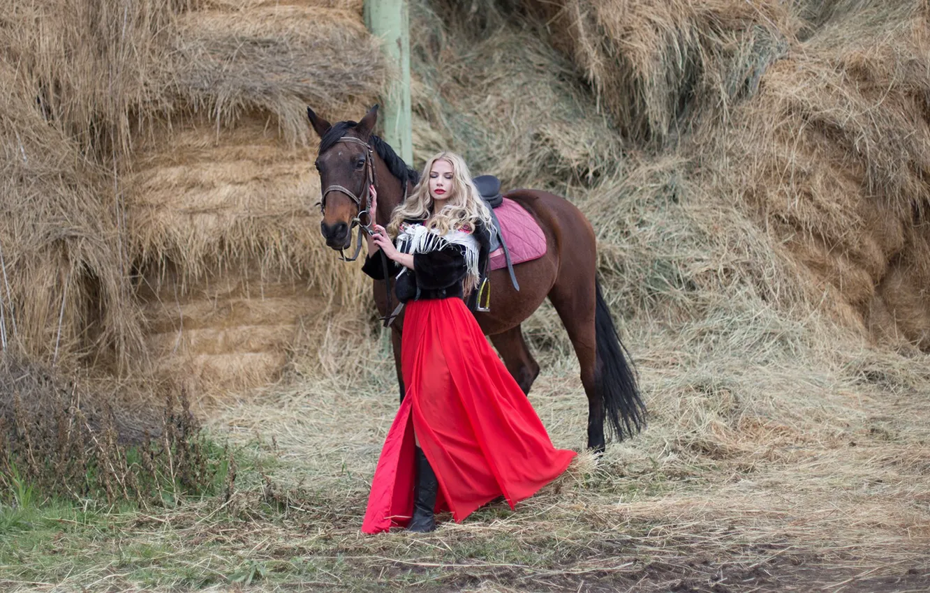 Photo wallpaper girl, pose, horse, dress, hay, Lozgachev Alex