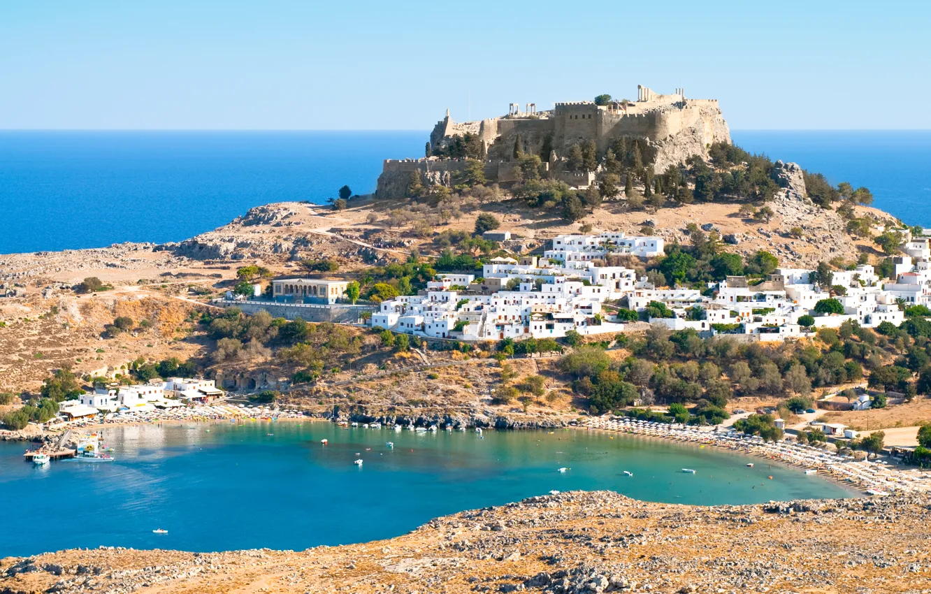 Photo wallpaper sea, the city, island, Greece, Greece, Rhodes, Lindos Acropolis