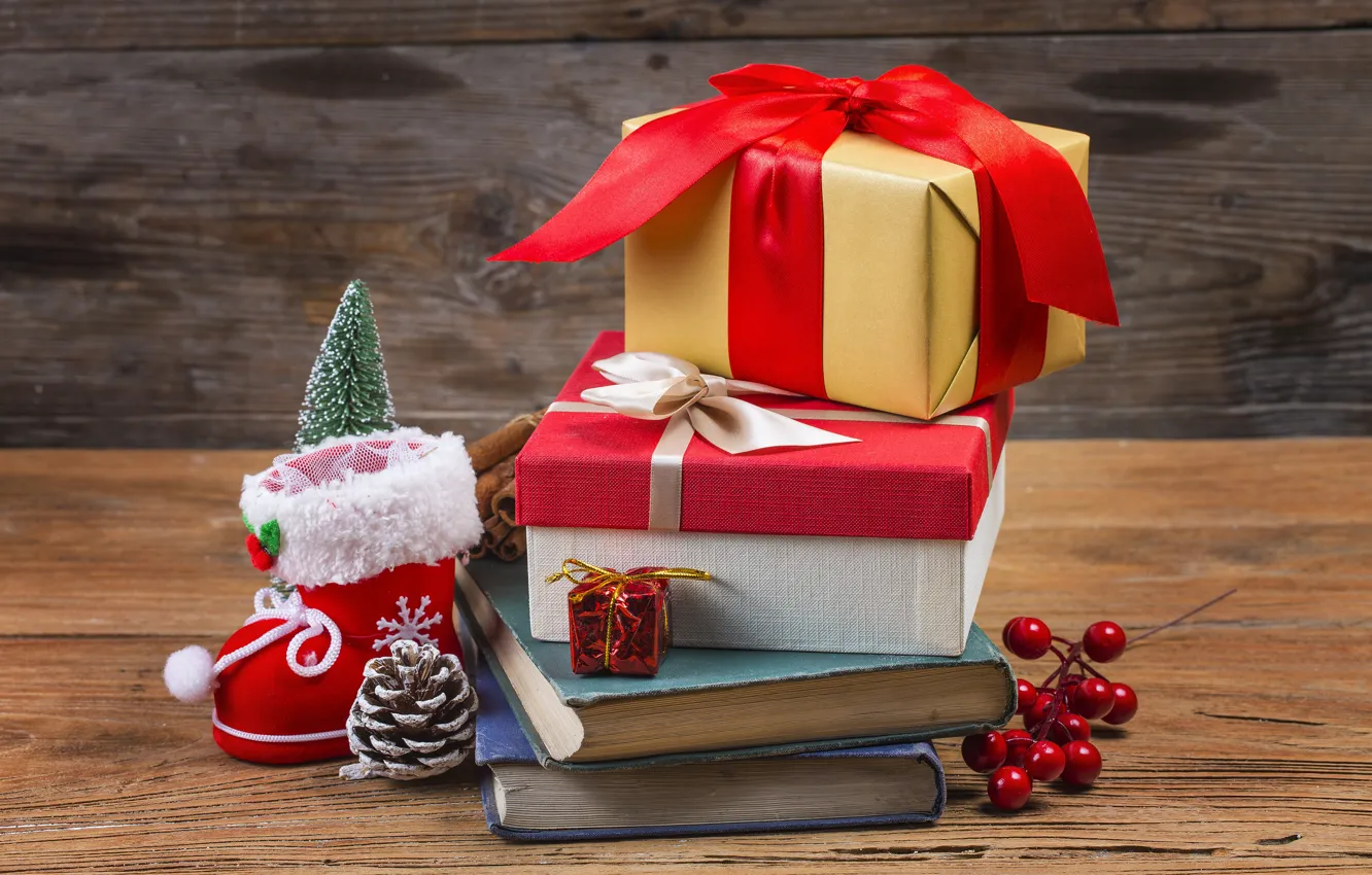 Photo wallpaper berries, holiday, gift, toy, new year, spruce, book, bumps