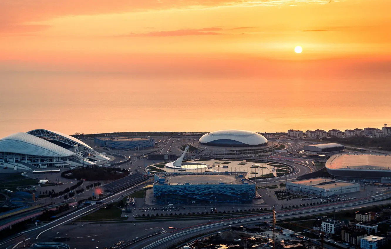 Photo wallpaper washer, sea, sunset, Fisht, Ice arena Shayba and Fisht stadium, Sochi, Olympic Park, arena Puck