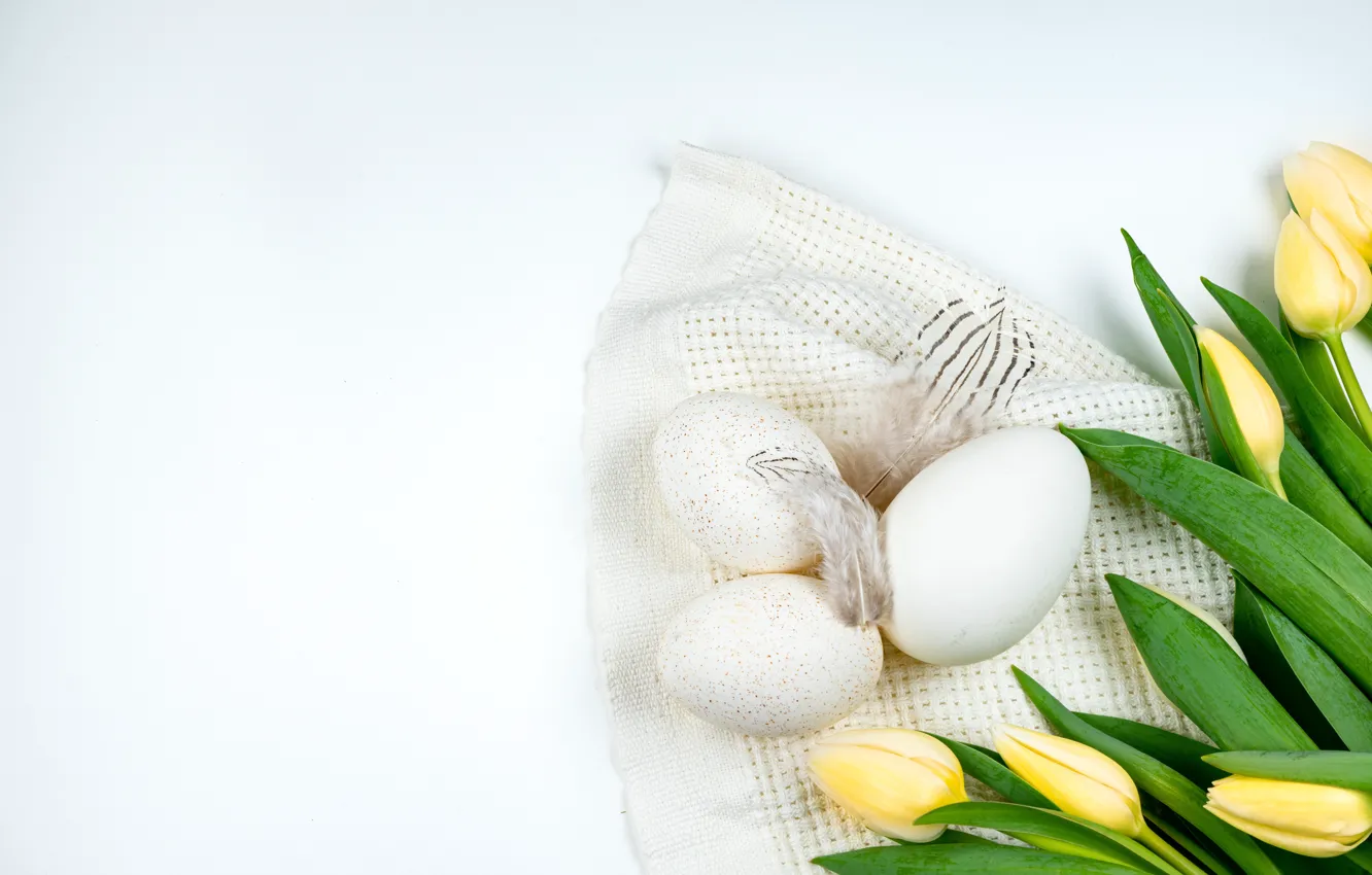 Photo wallpaper flowers, yellow, holiday, eggs, towel, bouquet, spring, feathers