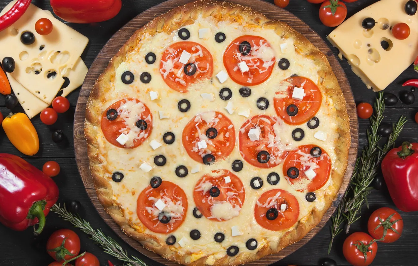 Photo wallpaper cheese, pepper, vegetables, pizza, tomatoes, olives
