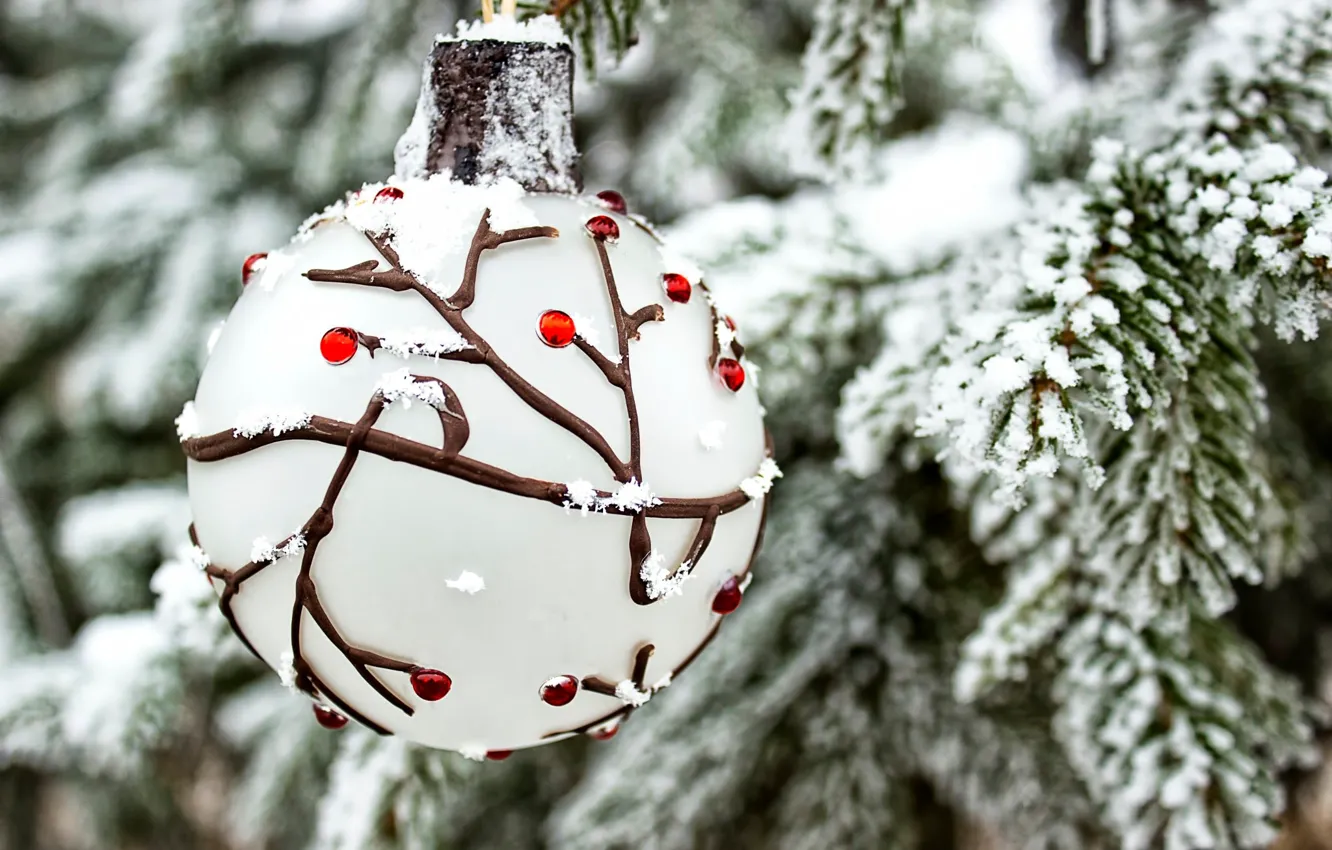 Photo wallpaper winter, snow, branches, holiday, toy, new year, ball, spruce