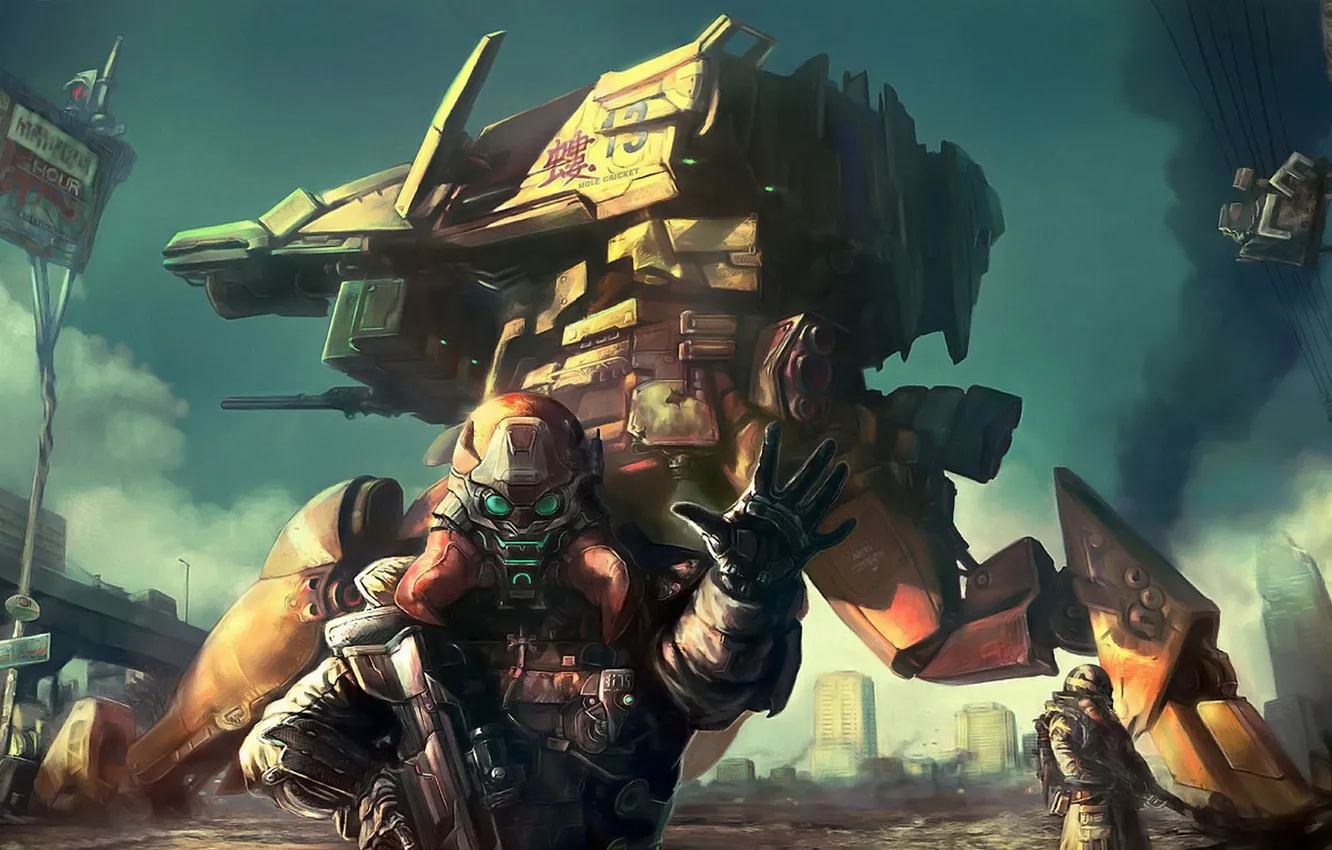 Photo wallpaper weapons, smoke, robot, soldiers, armor, restricted area