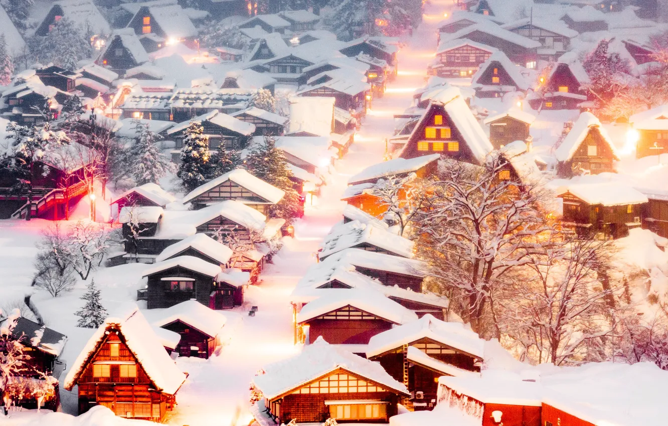 Photo wallpaper winter, snow, home, Japan, village, houses, Japan, Shirakawa-go