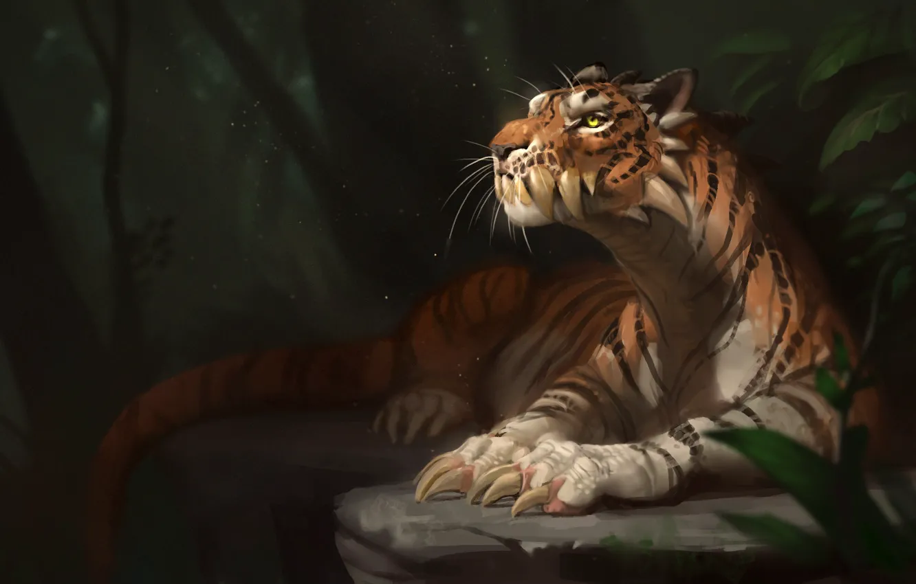Photo wallpaper forest, look, tiger, art, tail, claws, mutant, Fang