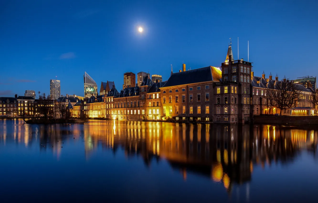 Photo wallpaper lights, the moon, the evening, backlight, Netherlands, Holland, The Hague