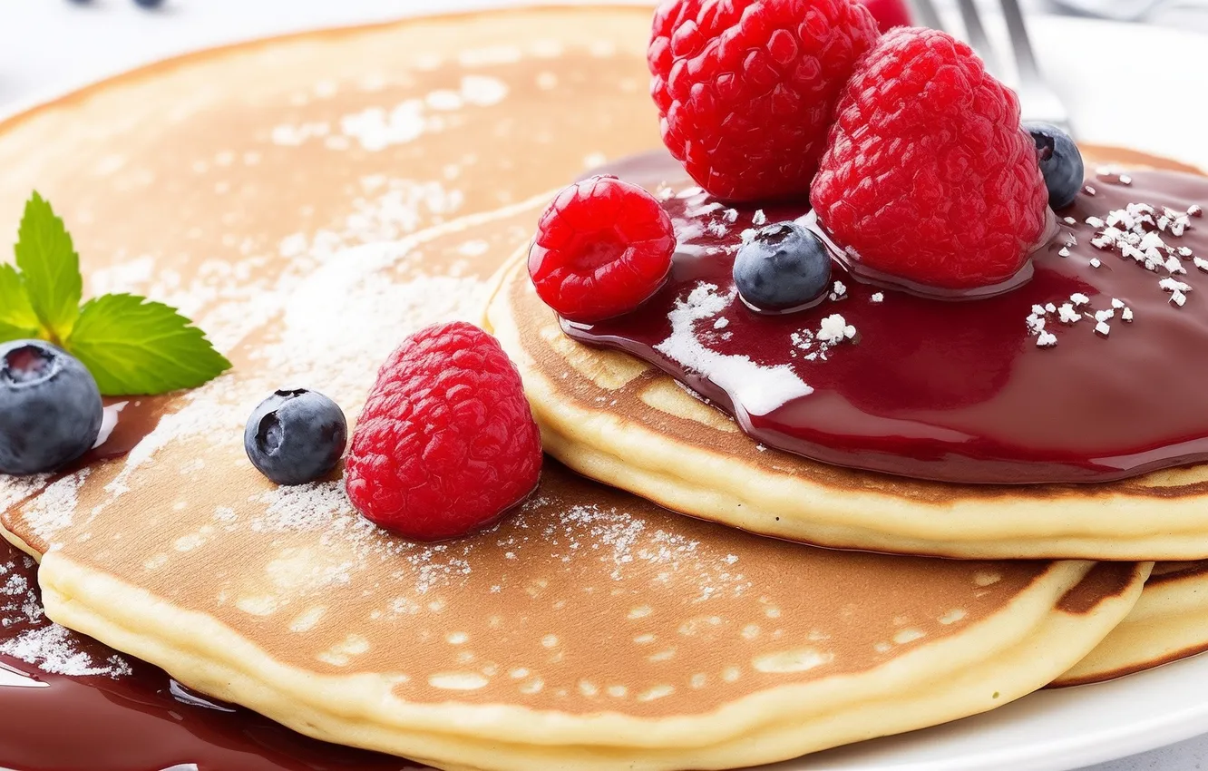 Photo wallpaper raspberry, figure, food, chocolate, blueberries, pancakes, mint, dessert