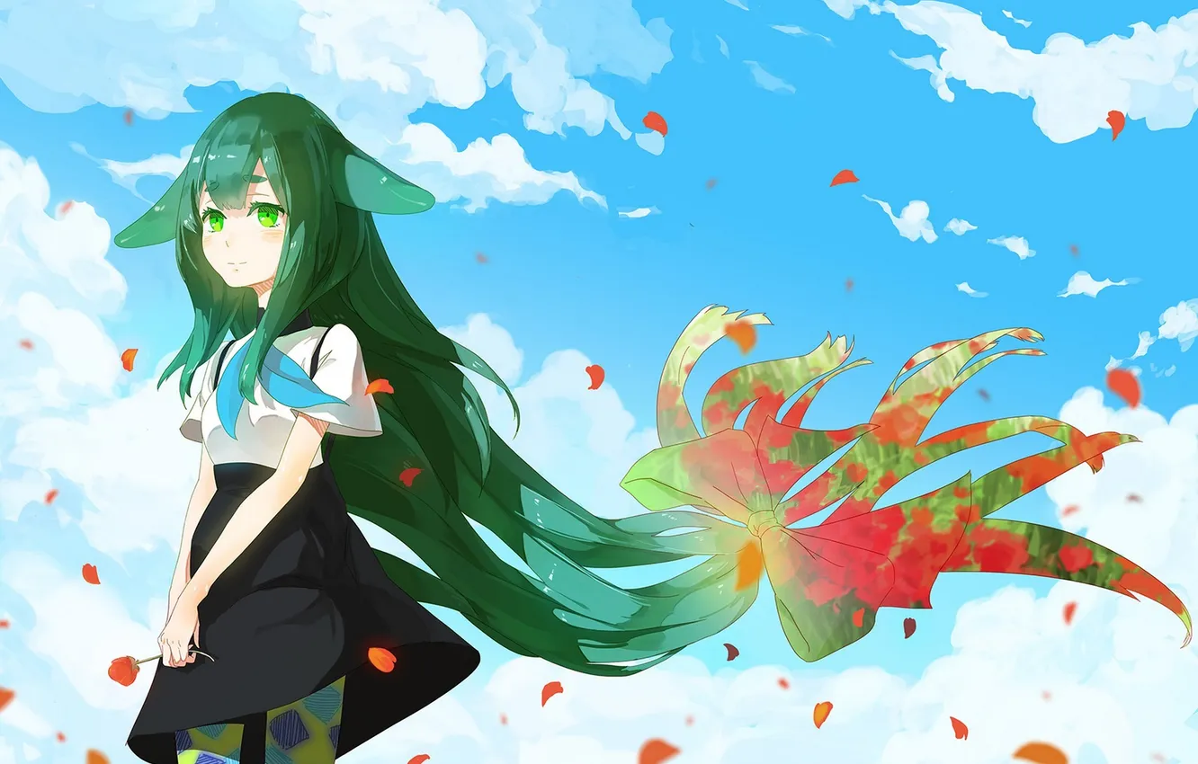 Photo wallpaper flower, the sky, girl, clouds, smile, anime, petals, art