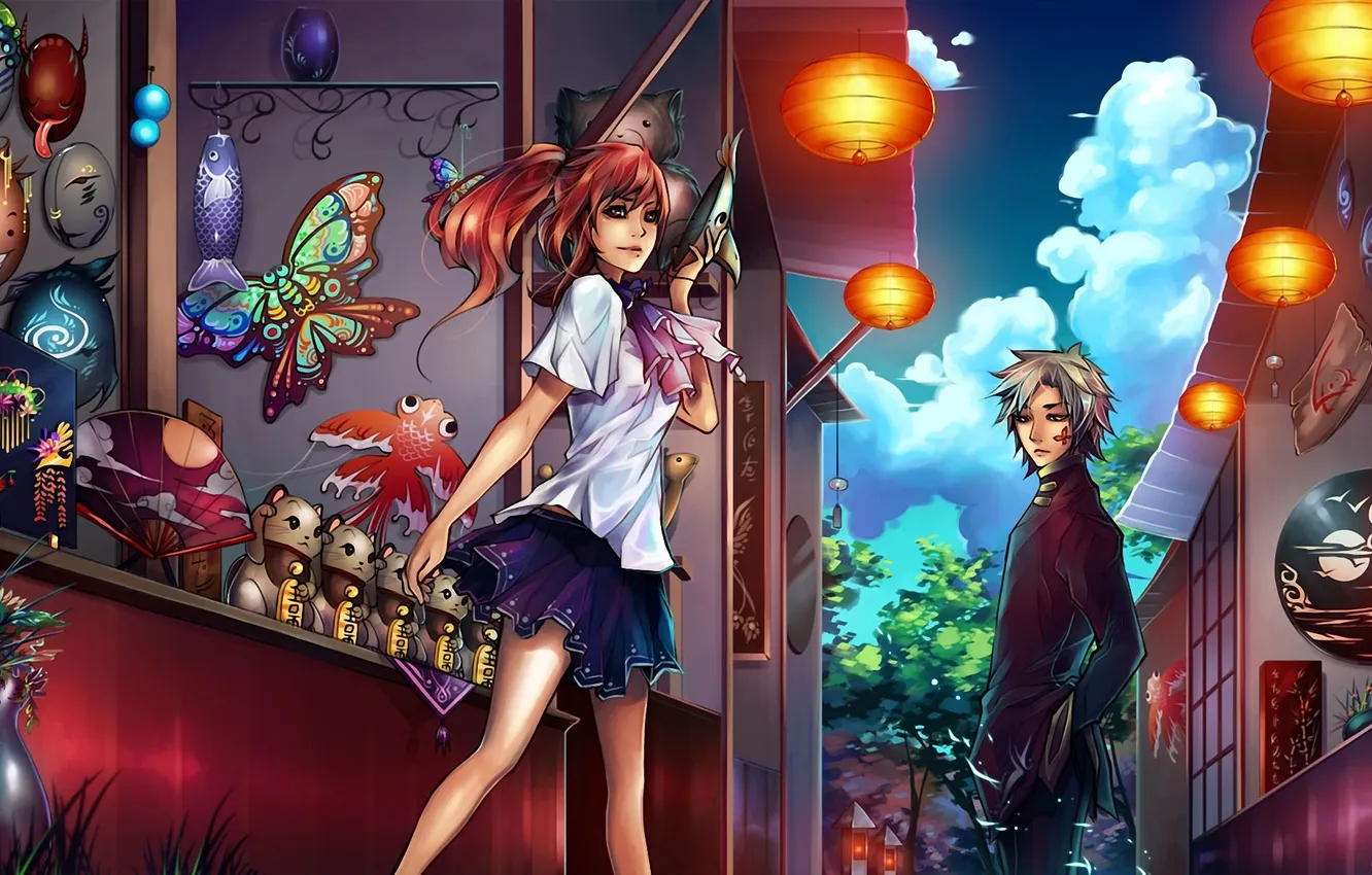 Photo wallpaper girl, mask, art, lights, guy, shop, souvenir, udonnodu