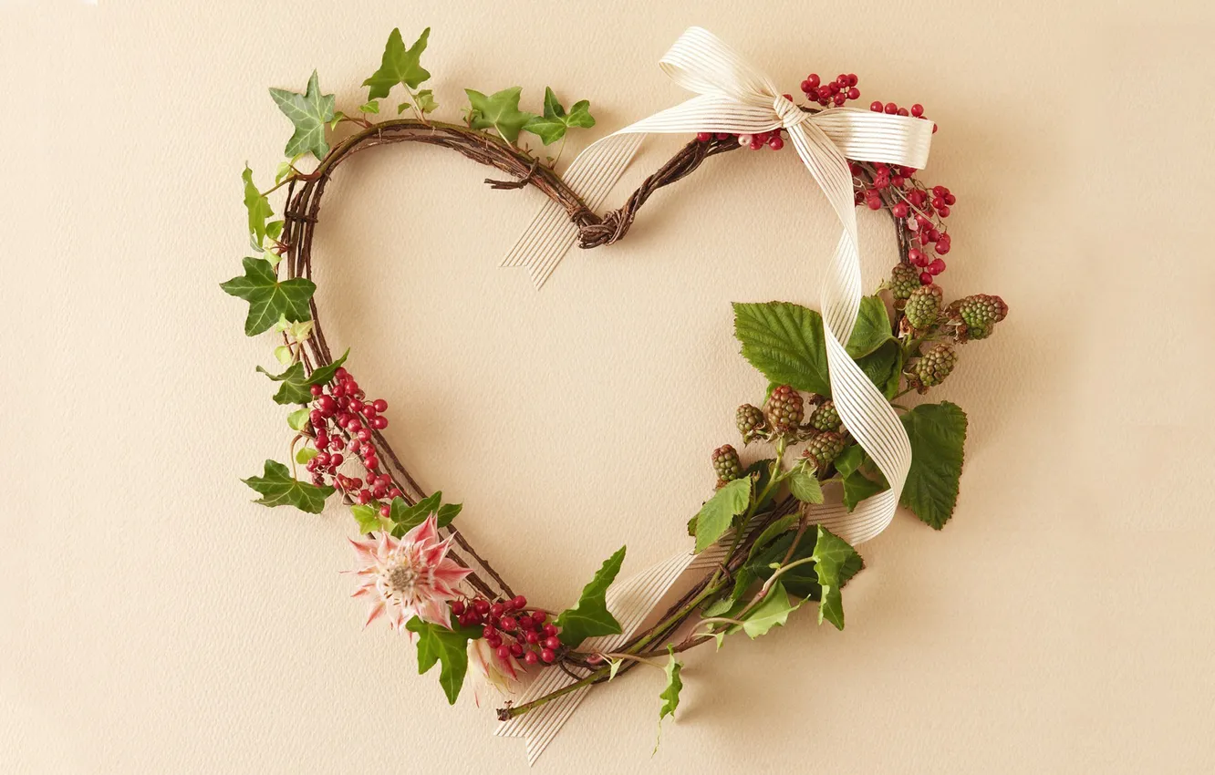 Photo wallpaper flowers, branches, berries, plant, stem, tape, wreath