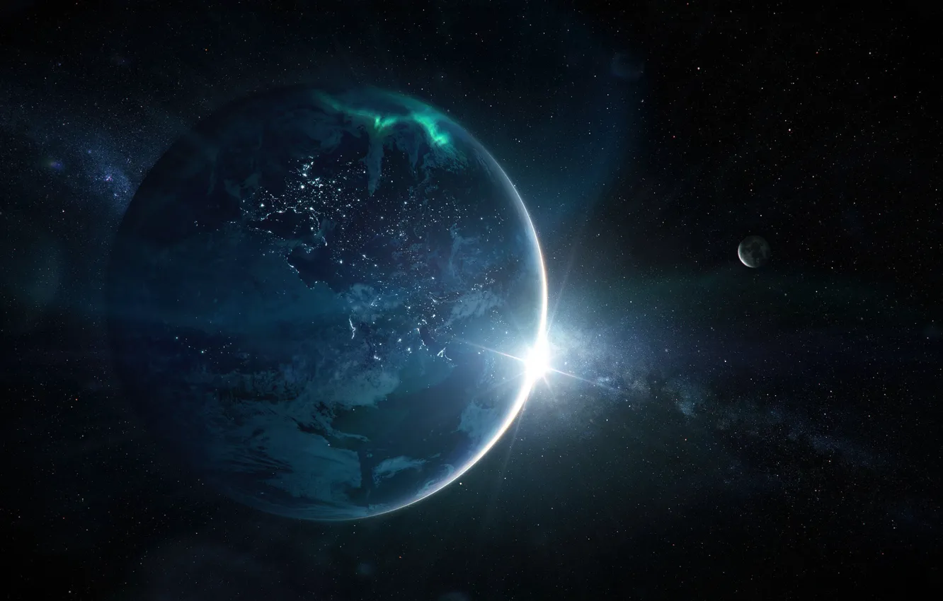 Photo wallpaper space, stars, nebula, glare, fiction, planet, satellite, art