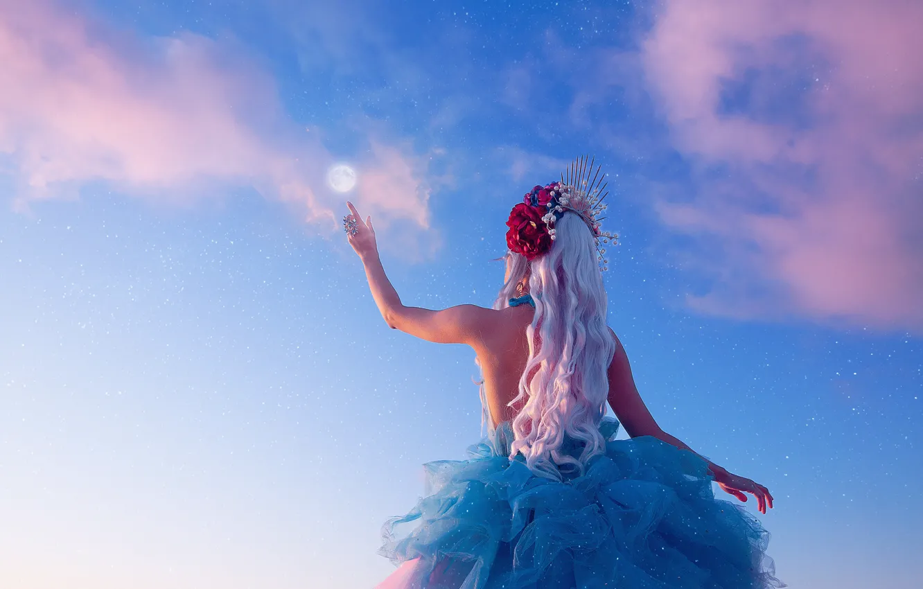 Photo wallpaper the sky, girl, pose, mood, the moon, the situation, hands, dress