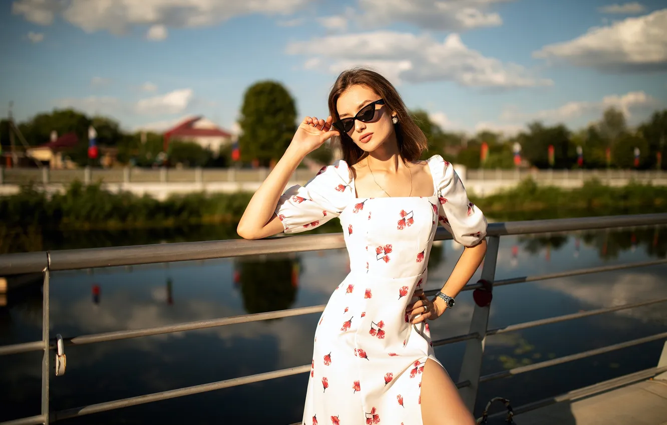 Photo wallpaper girl, pose, river, hands, dress, glasses, Dmitry Shulgin