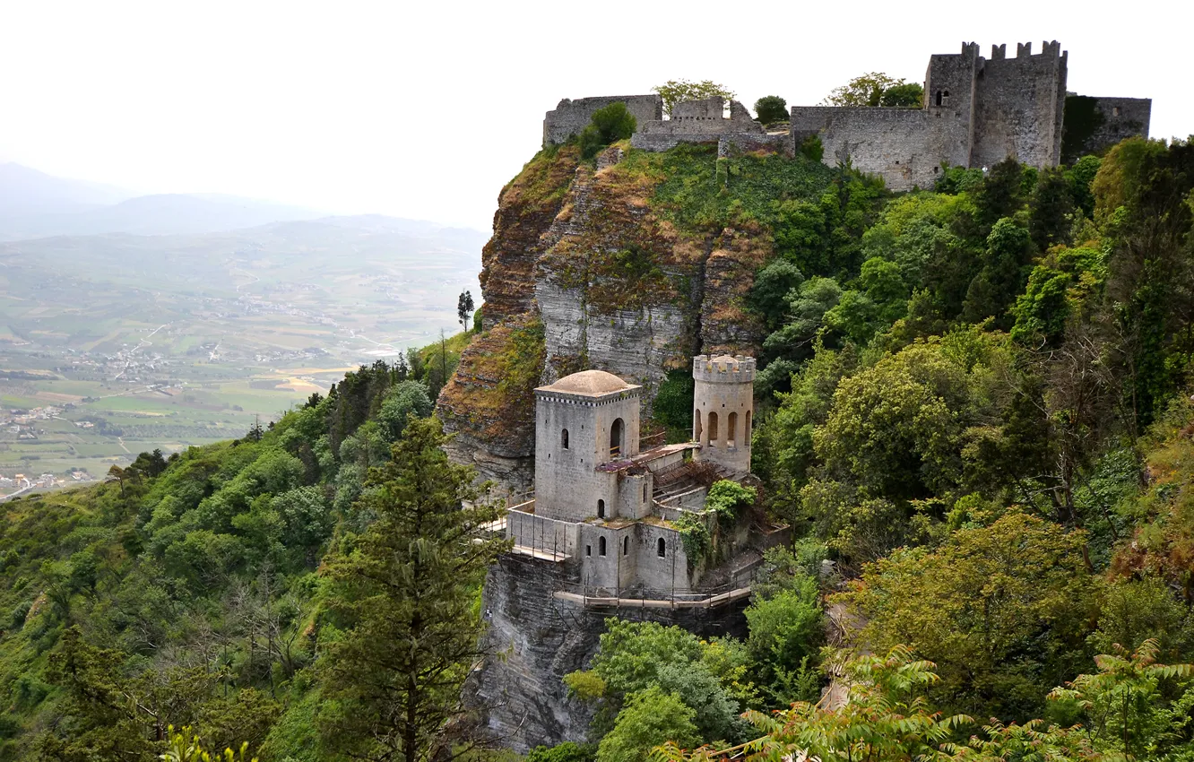 Photo wallpaper the sky, trees, mountains, castle, rocks, valley, Italy, Sicily