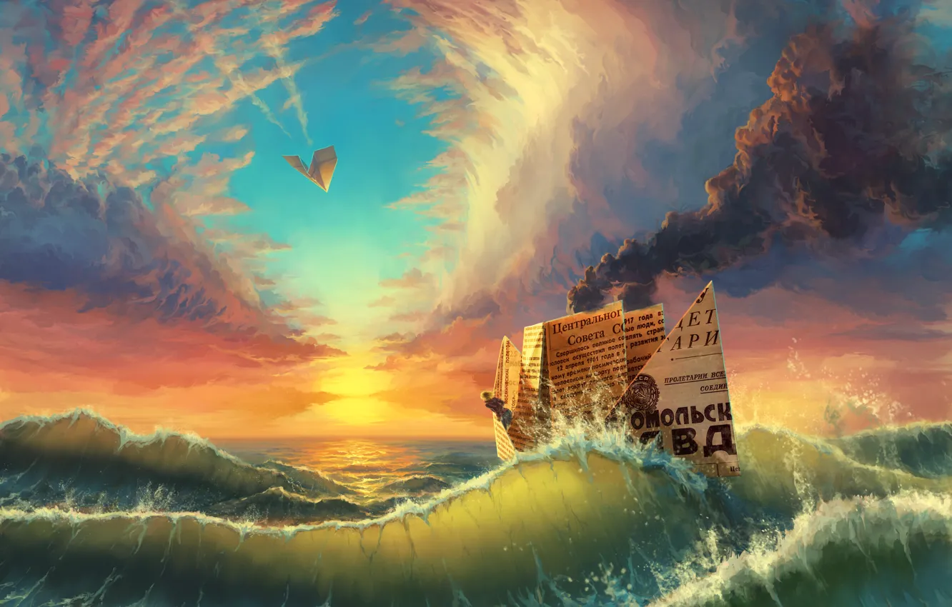 Photo wallpaper sea, wave, the sky, clouds, sunset, ship, couples, newspaper
