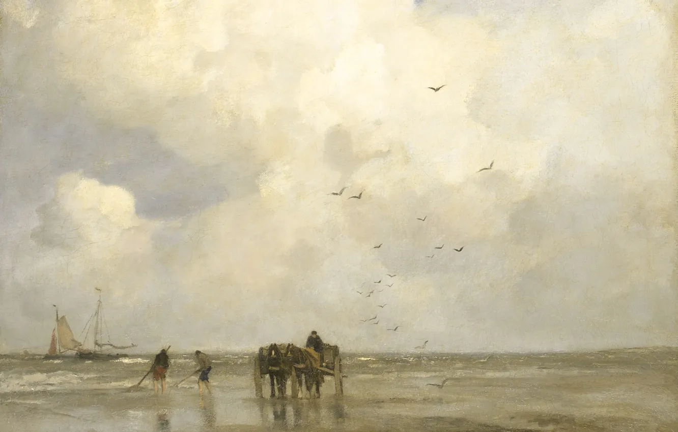 Photo wallpaper sea, shore, oil, picture, canvas, Jacob Maris Hendrikus, Fishing