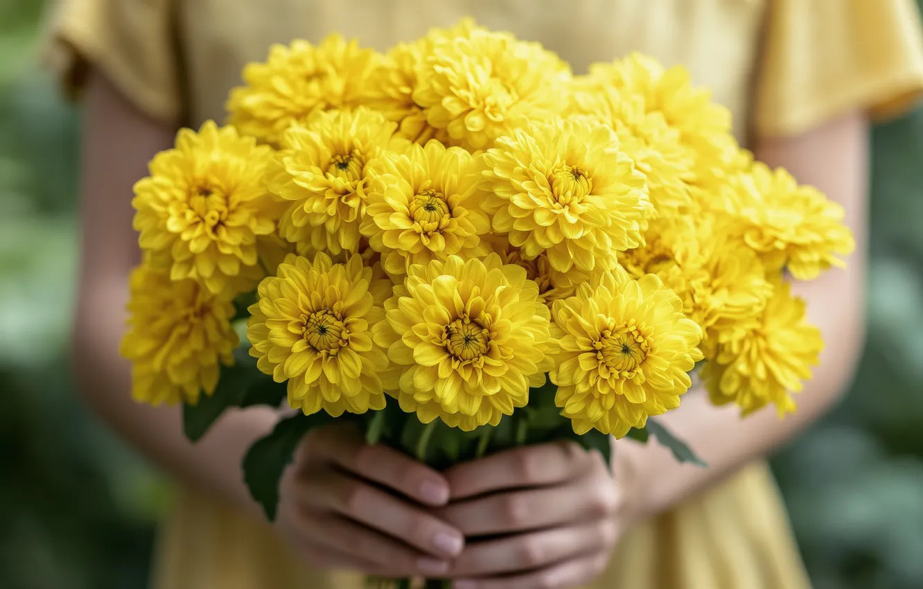Photo wallpaper girl, flowers, yellow, bouquet, hands, dahlias, AI art, neural network