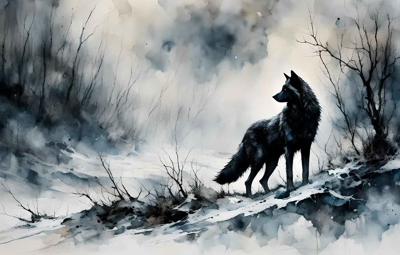 Photo wallpaper winter, snow, trees, branches, nature, black, figure, wolf