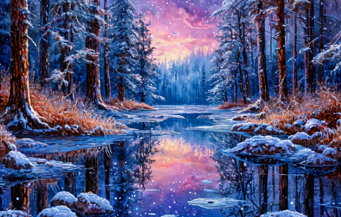 Photo wallpaper winter, snow, lake, Neural network