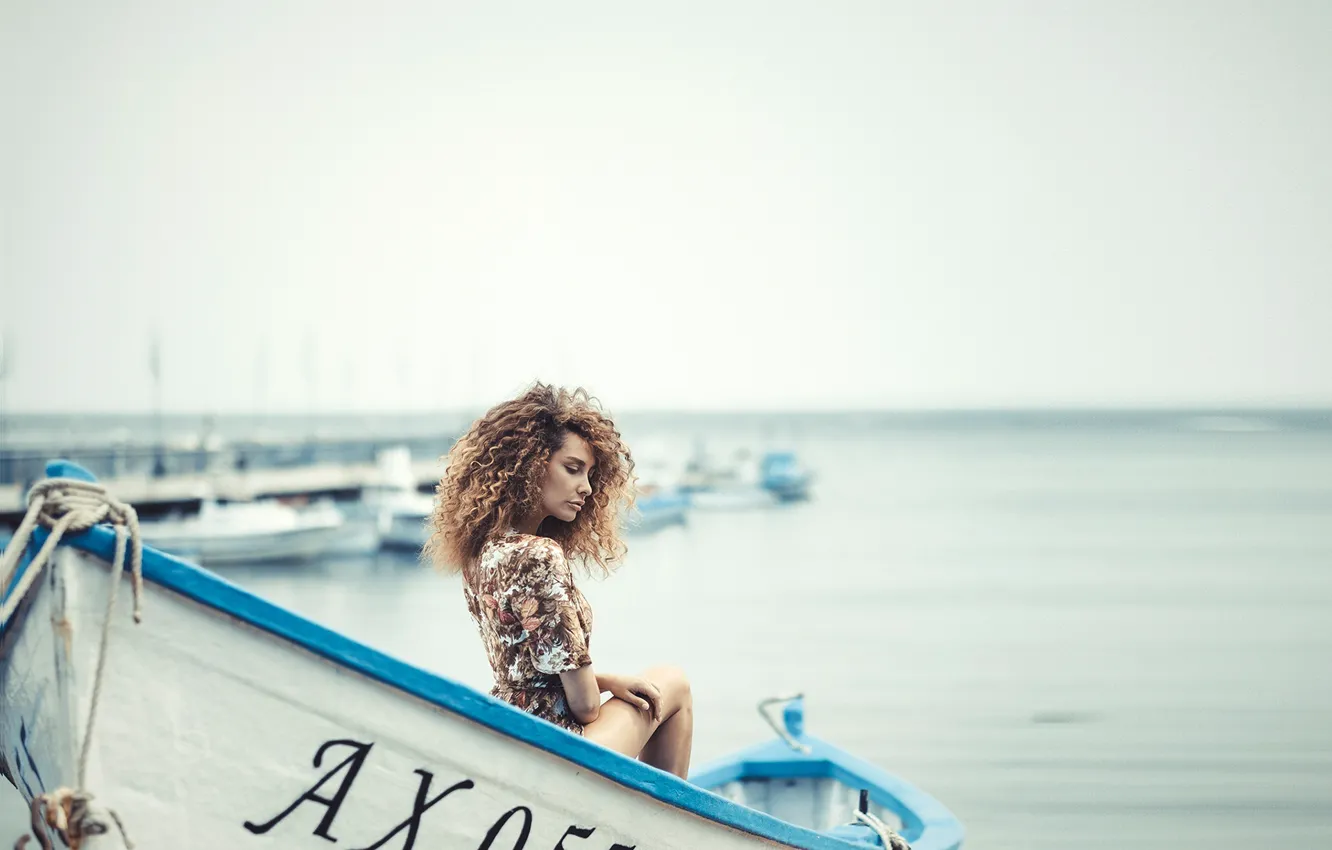 Photo wallpaper sea, pose, model, portrait, makeup, pier, dress, horizon