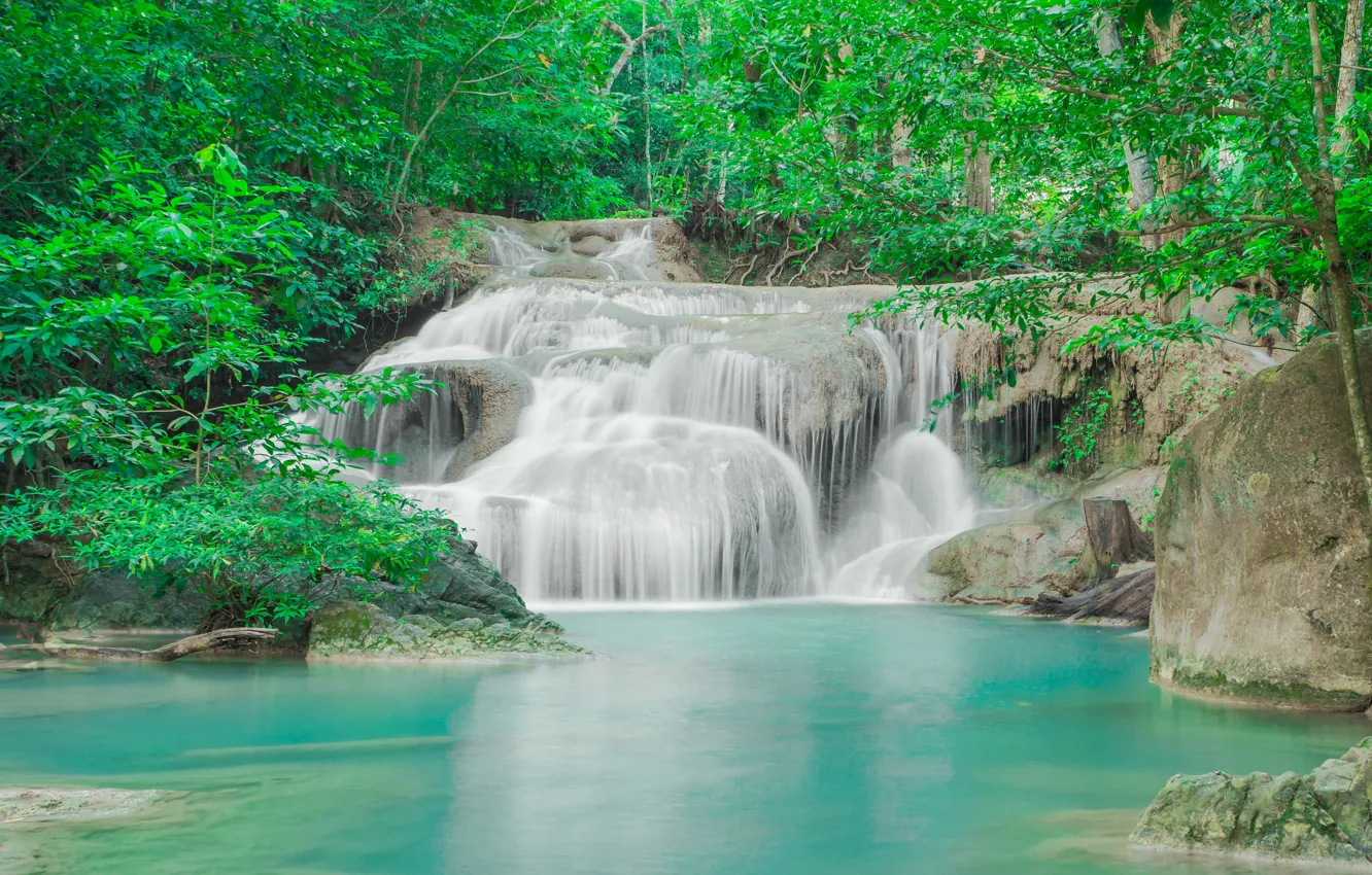 Photo wallpaper forest, landscape, river, rocks, waterfall, summer, forest, tropical