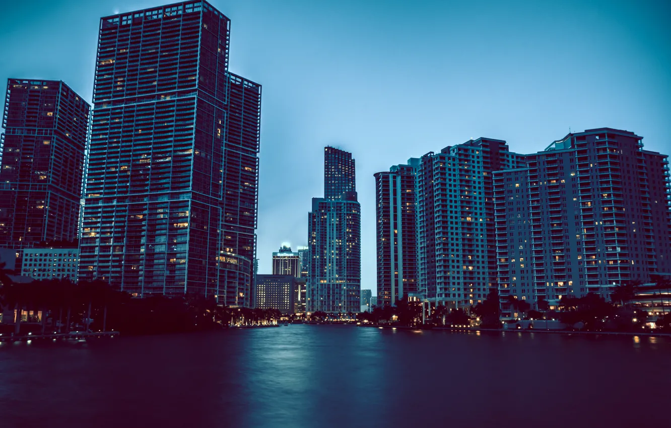 Photo wallpaper water, lights, home, Miami, skyscrapers, the evening, FL, Miami