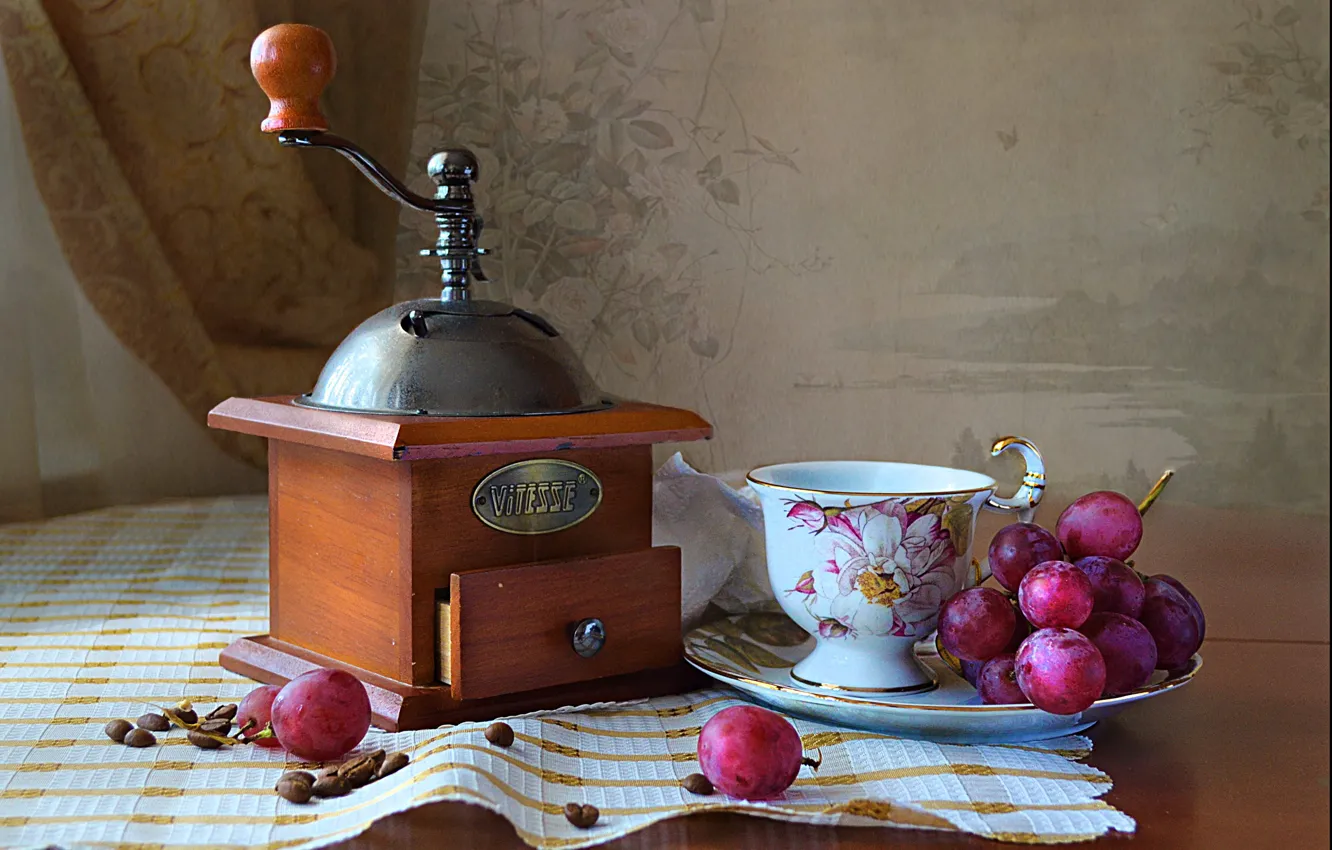 Photo wallpaper table, grapes, fruit, items, Still life, tablecloth, coffee beans, coffee grinder