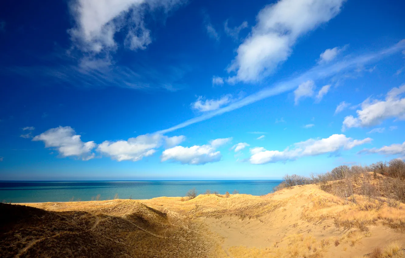 Photo wallpaper sand, sea, the sky, clouds, shore
