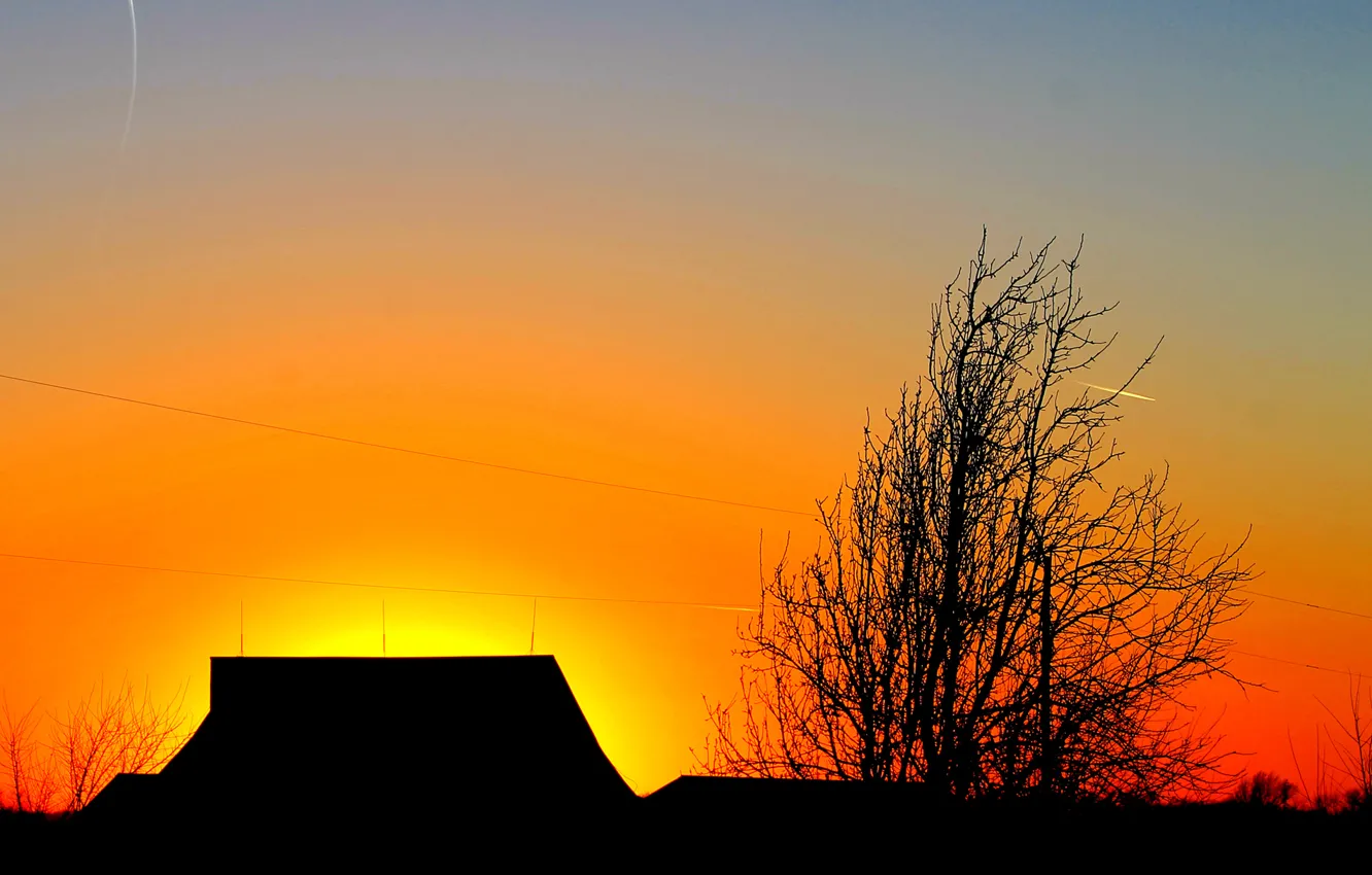 Photo wallpaper roof, the sky, clouds, sunset, house, tree, silhouette, glow