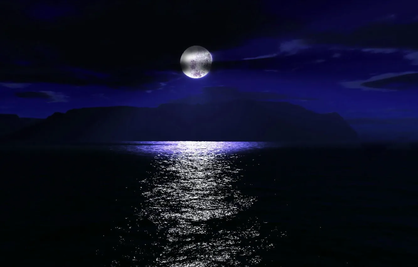 Photo wallpaper sea, clouds, mountains, night, reflection, the moon, beauty