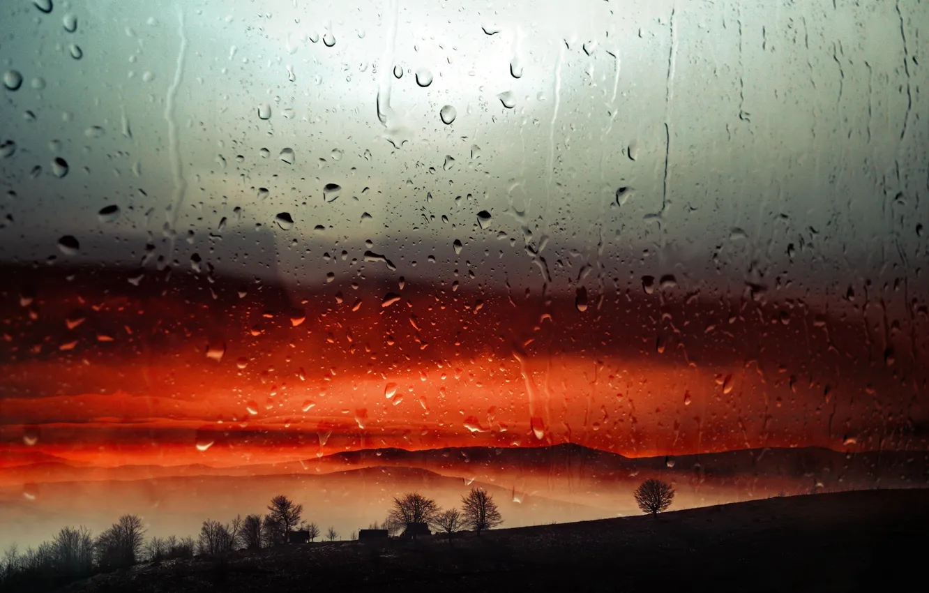 Photo wallpaper drops, sunset, rain, the evening, window