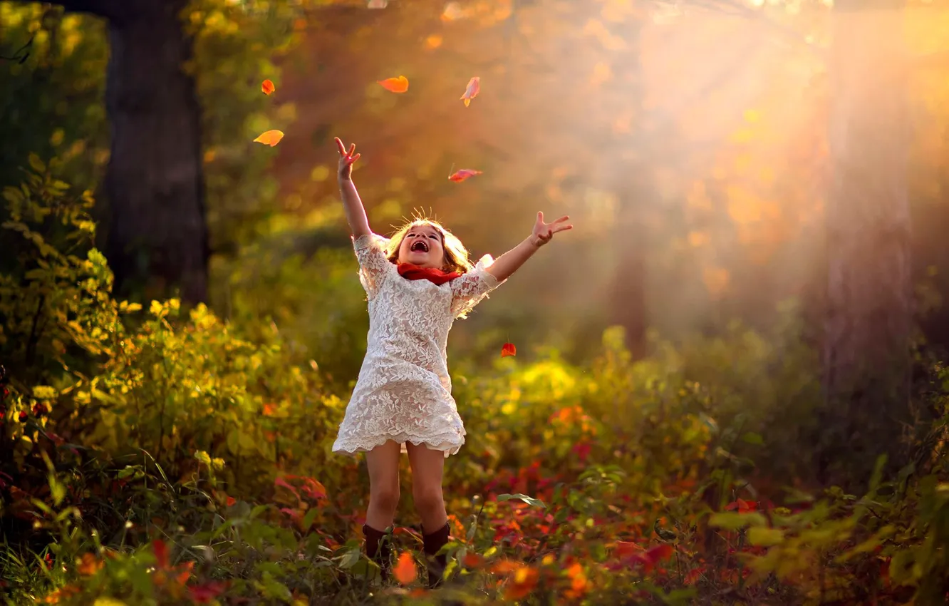 Photo wallpaper autumn, forest, leaves, trees, nature, child, girl
