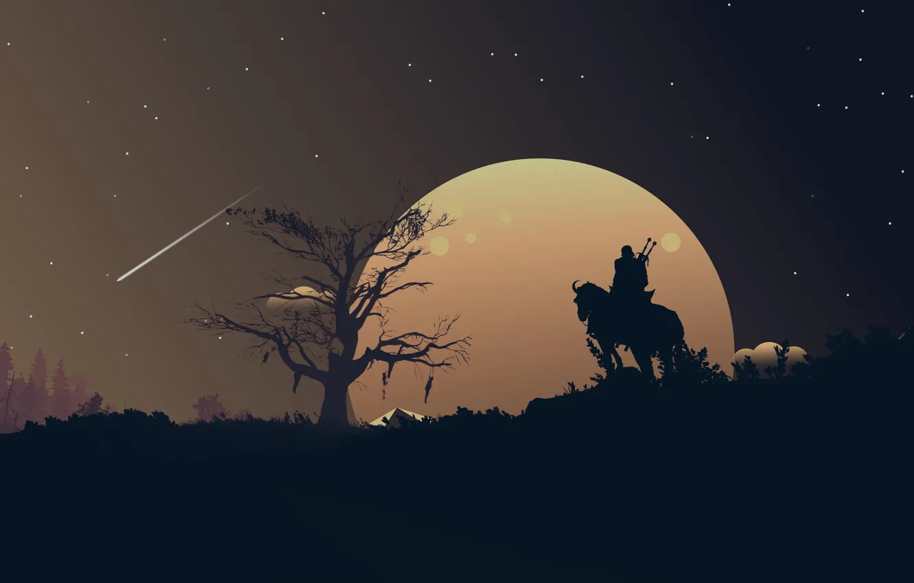 Photo wallpaper moon, fantasy, game, The Witcher, landscape, night, stars, tree