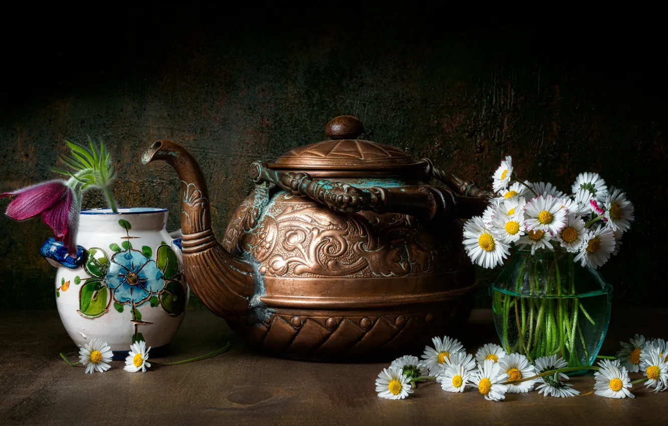 Photo wallpaper flowers, bouquet, kettle
