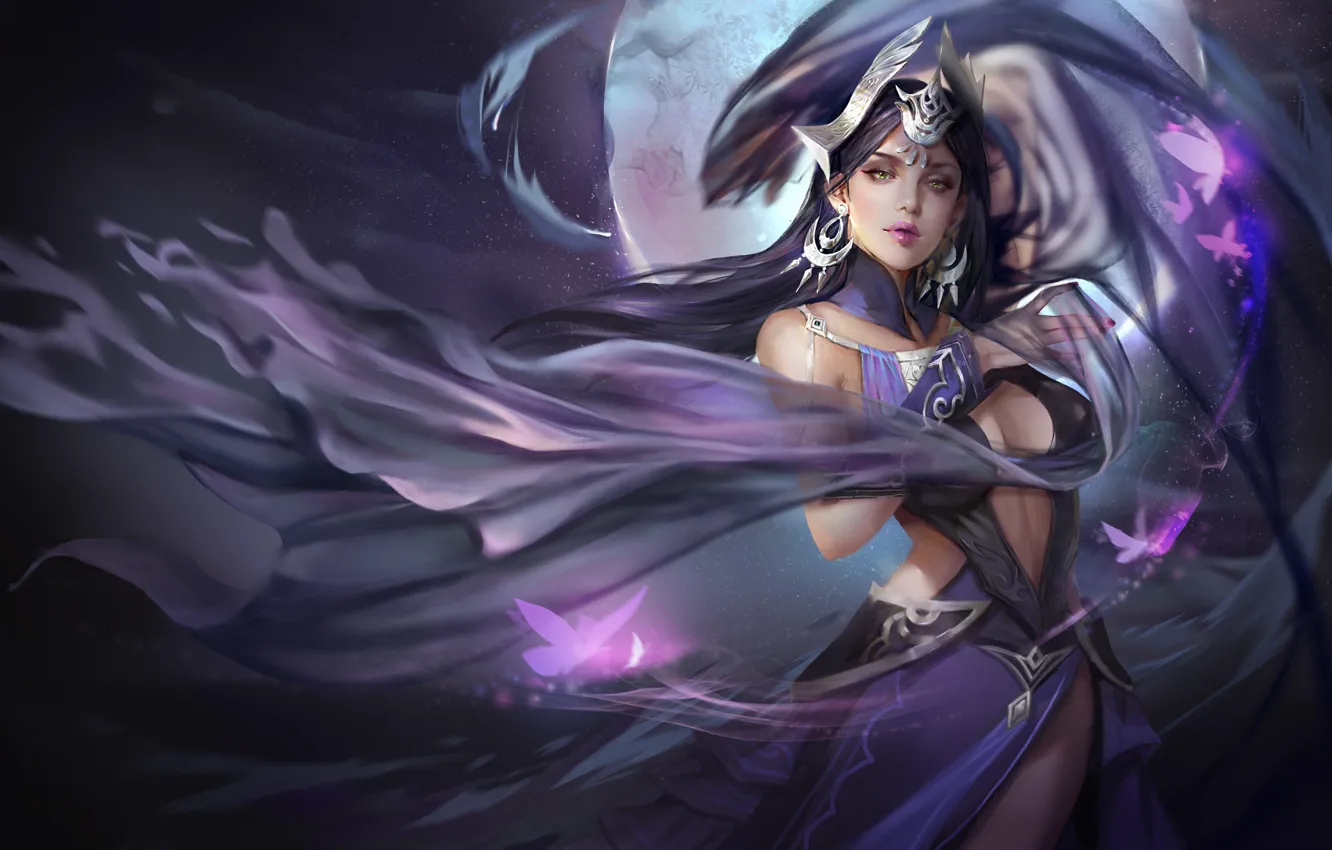 Photo wallpaper girl, night, magic, the moon, warrior, art, fantasy, butterfly